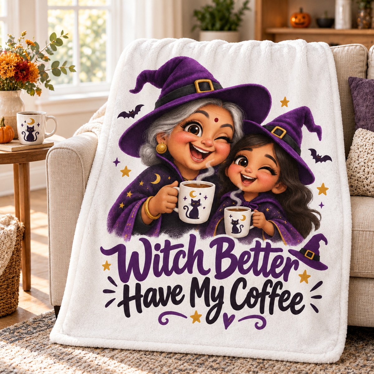 Custom Photo Caricature Portrait Plush Fleece Blanket - Funny Halloween Grandma Gift Personalized Blanket Gift — lifestyle