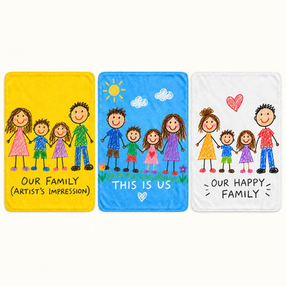 Custom Photo Doodle Portrait Plush Fleece Blanket - Kid-Style Drawing Family Personalized Blanket Gift — options