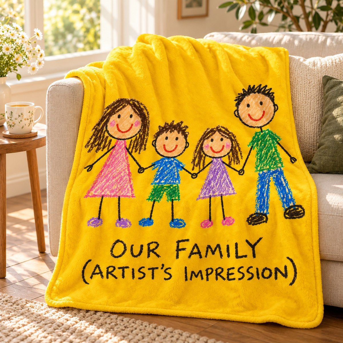 Custom Photo Doodle Portrait Plush Fleece Blanket - Kid-Style Drawing Family Personalized Blanket Gift — lifestyle