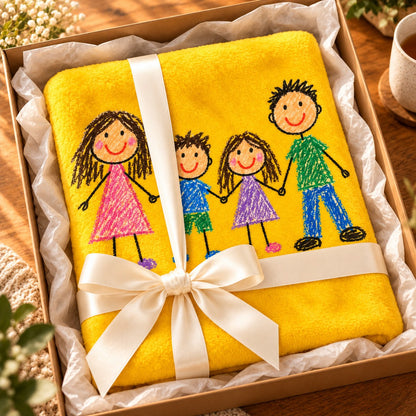 Custom Photo Doodle Portrait Plush Fleece Blanket - Kid-Style Drawing Family Personalized Blanket Gift — gift