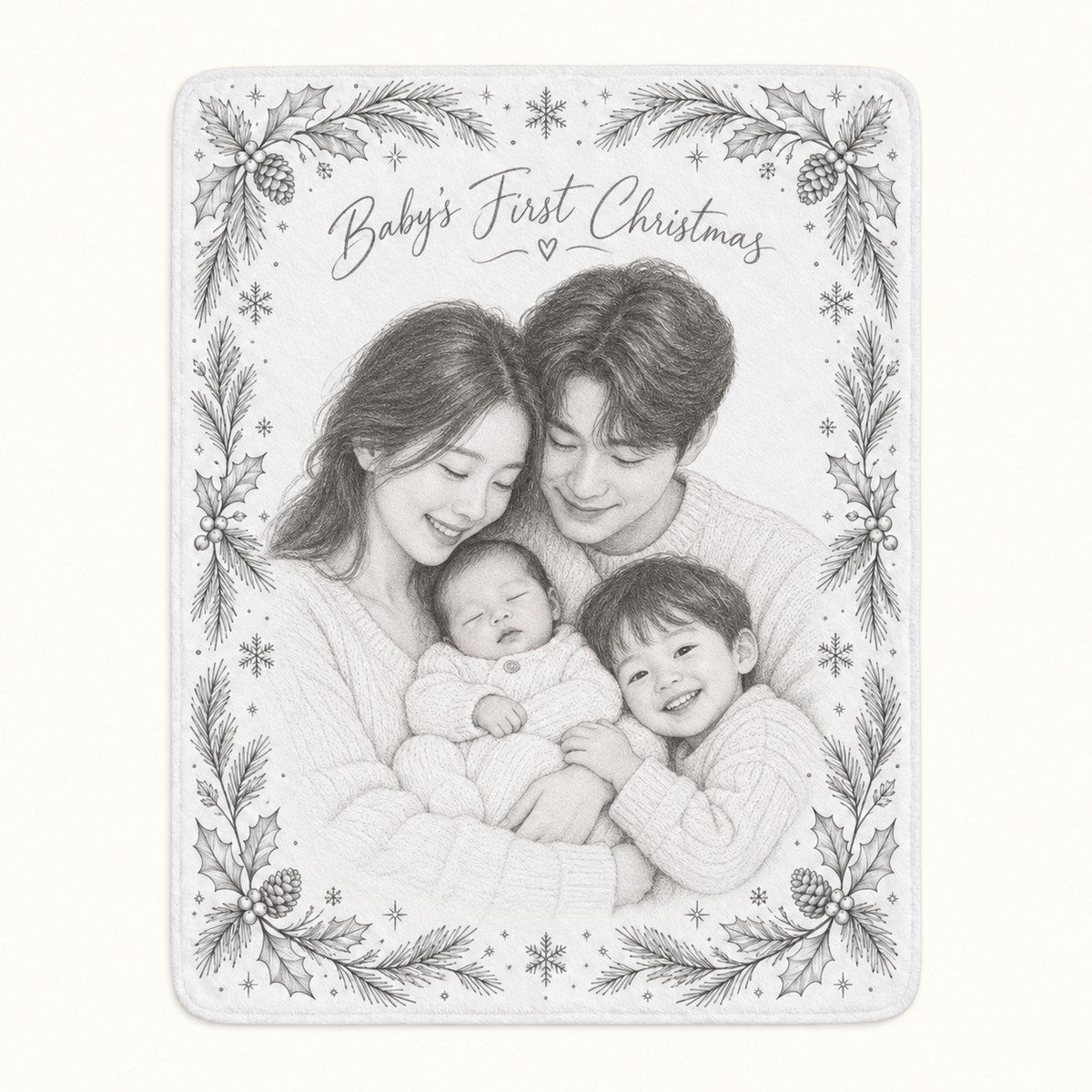 Custom Photo Pencil Sketch Plush Fleece Blanket - Baby's First Christmas Gift Personalized Blanket Gift — hero