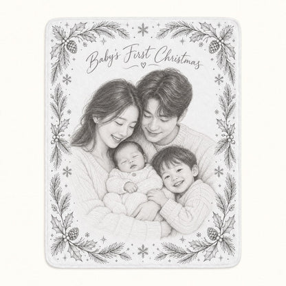 Custom Photo Pencil Sketch Plush Fleece Blanket - Baby's First Christmas Gift Personalized Blanket Gift — hero