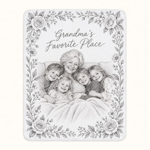 Custom Photo Pencil Sketch Plush Fleece Blanket - Grandma And Grandkids Blanket Personalized Blanket Gift