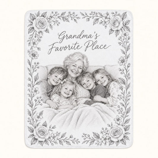 Custom Photo Pencil Sketch Plush Fleece Blanket - Grandma And Grandkids Blanket Personalized Blanket Gift — hero