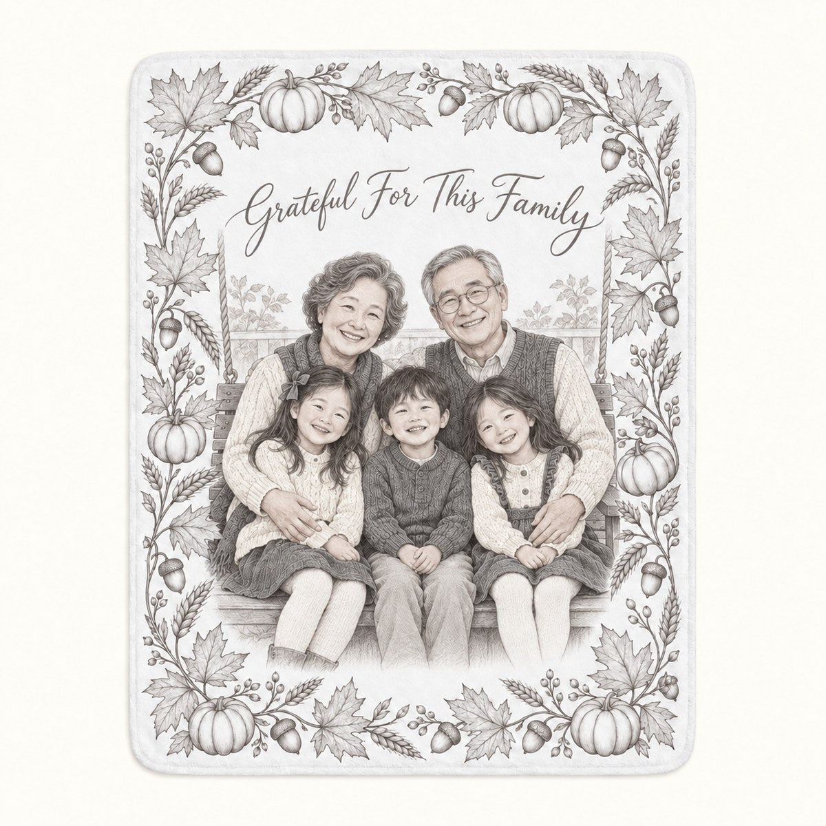 Custom Photo Pencil Sketch Plush Fleece Blanket - Thanksgiving Grandparents Gift Personalized Blanket Gift — hero