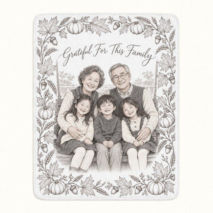 Custom Photo Pencil Sketch Plush Fleece Blanket - Thanksgiving Grandparents Gift Personalized Blanket Gift — hero