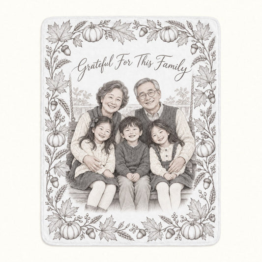 Custom Photo Pencil Sketch Plush Fleece Blanket - Thanksgiving Grandparents Gift Personalized Blanket Gift — hero