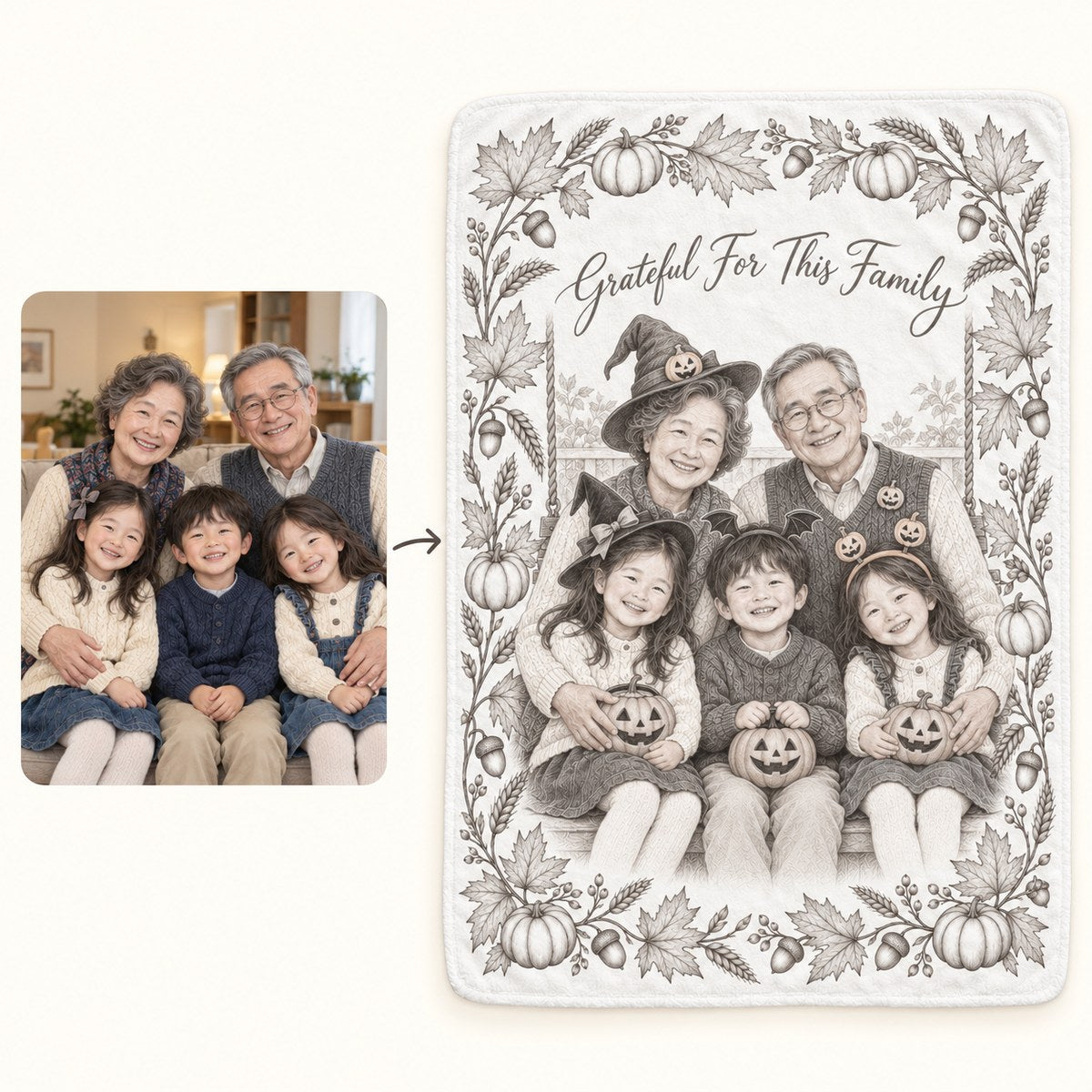 Custom Photo Pencil Sketch Plush Fleece Blanket - Thanksgiving Grandparents Gift Personalized Blanket Gift — how it works