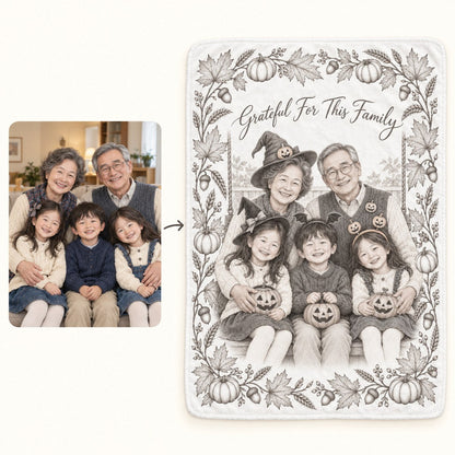Custom Photo Pencil Sketch Plush Fleece Blanket - Thanksgiving Grandparents Gift Personalized Blanket Gift — how it works