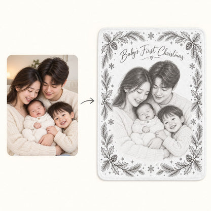 Custom Photo Pencil Sketch Plush Fleece Blanket - Baby's First Christmas Gift Personalized Blanket Gift — how it works
