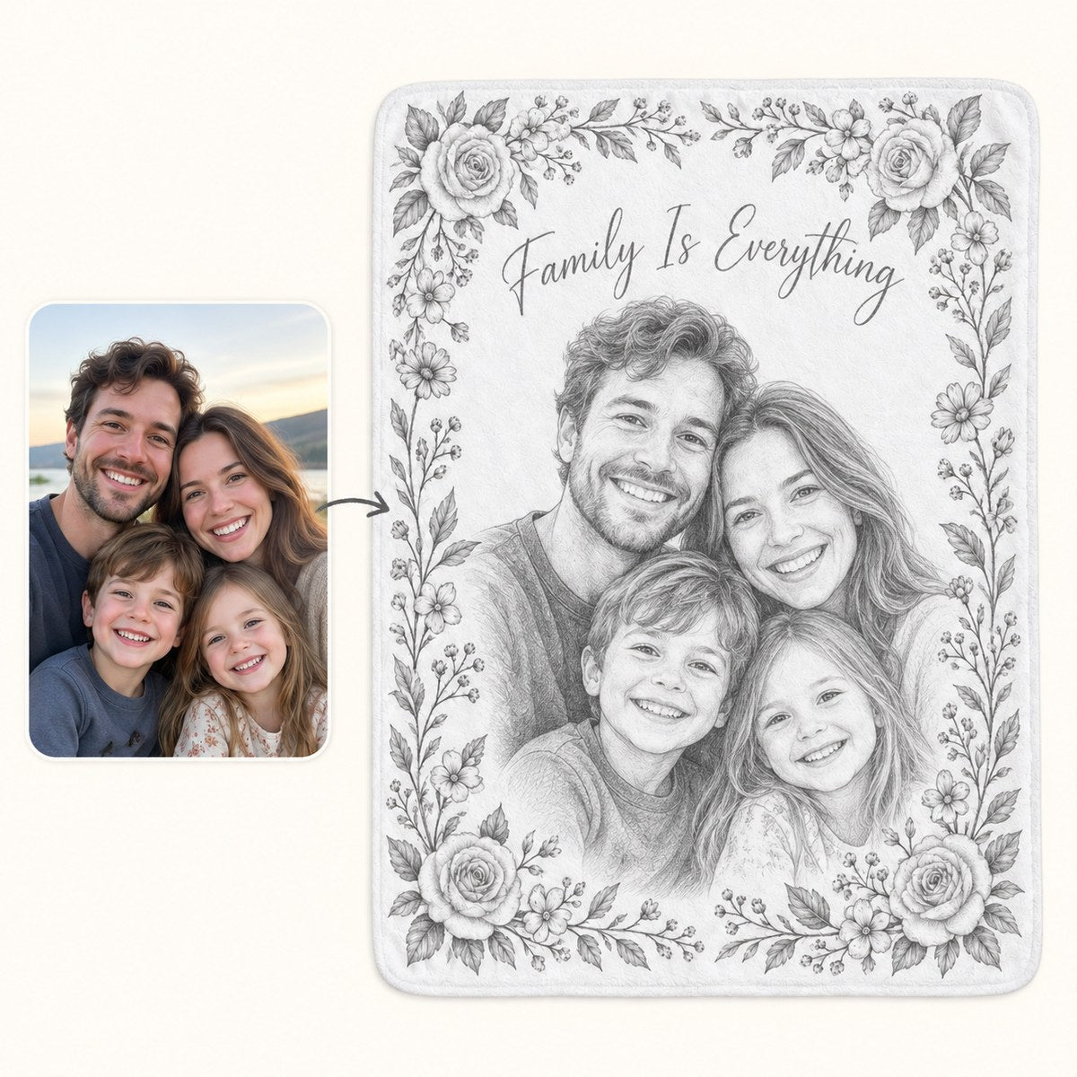 Custom Photo Pencil Sketch Plush Fleece Blanket - Family Gift Personalized Blanket Gift — how it works