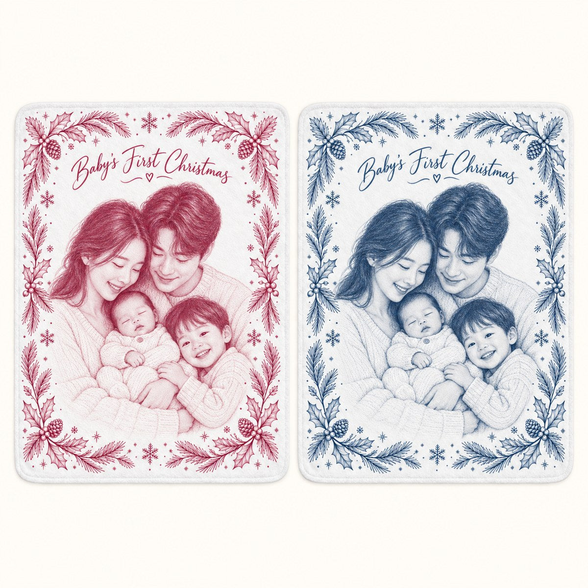 Custom Photo Pencil Sketch Plush Fleece Blanket - Baby's First Christmas Gift Personalized Blanket Gift — options