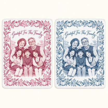 Custom Photo Pencil Sketch Plush Fleece Blanket - Thanksgiving Grandparents Gift Personalized Blanket Gift — options
