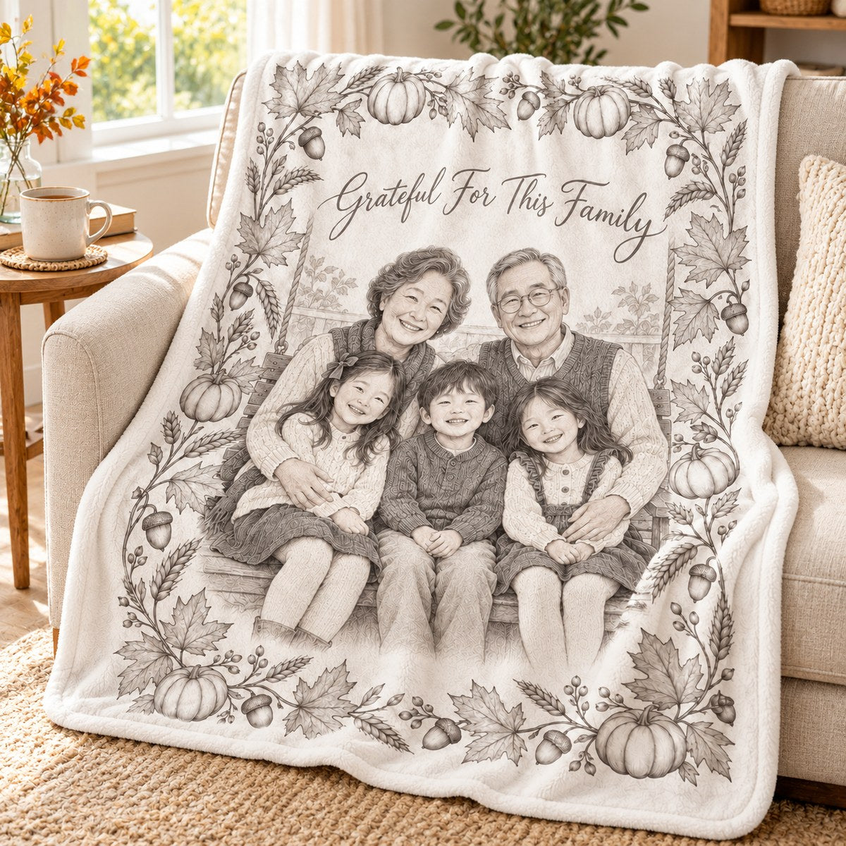 Custom Photo Pencil Sketch Plush Fleece Blanket - Thanksgiving Grandparents Gift Personalized Blanket Gift — lifestyle