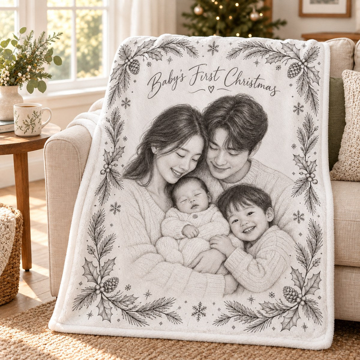 Custom Photo Pencil Sketch Plush Fleece Blanket - Baby's First Christmas Gift Personalized Blanket Gift — lifestyle