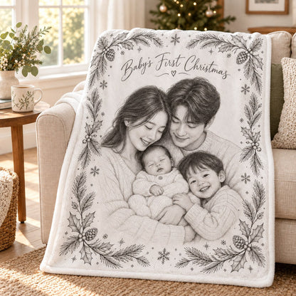 Custom Photo Pencil Sketch Plush Fleece Blanket - Baby's First Christmas Gift Personalized Blanket Gift — lifestyle