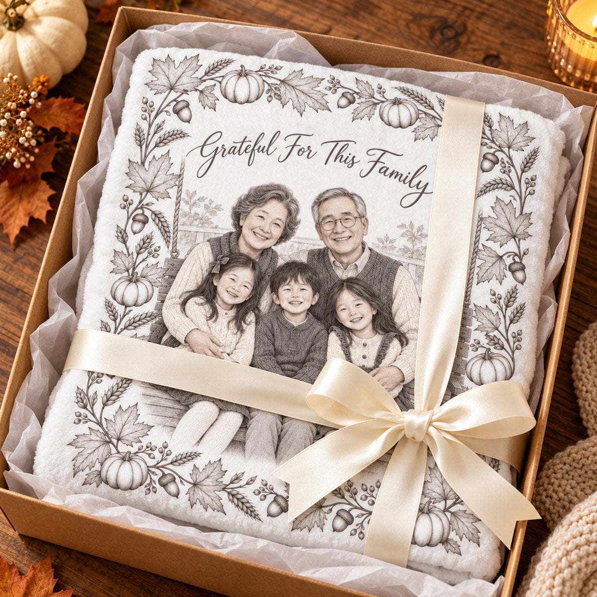 Custom Photo Pencil Sketch Plush Fleece Blanket - Thanksgiving Grandparents Gift Personalized Blanket Gift — gift