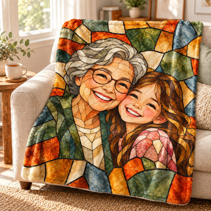Custom Photo Stained Glass Portrait Plush Fleece Blanket - Family Mom Grandma Personalized Blanket Gift — lifestyle