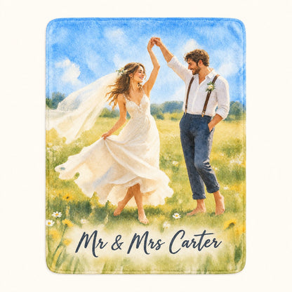 Custom Photo Watercolor Portrait Plush Fleece Blanket - Wedding Gift Personalized Blanket Gift — hero