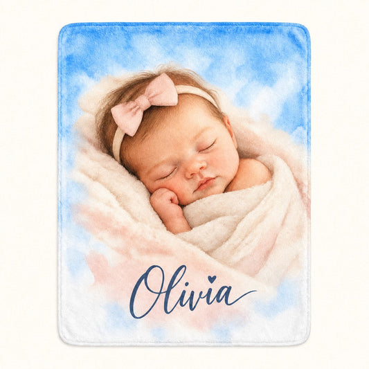 Custom Photo Watercolor Portrait Plush Fleece Blanket - New Baby Gift Personalized Blanket Gift — hero