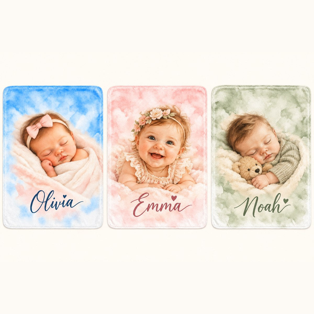 Custom Photo Watercolor Portrait Plush Fleece Blanket - New Baby Gift Personalized Blanket Gift — options