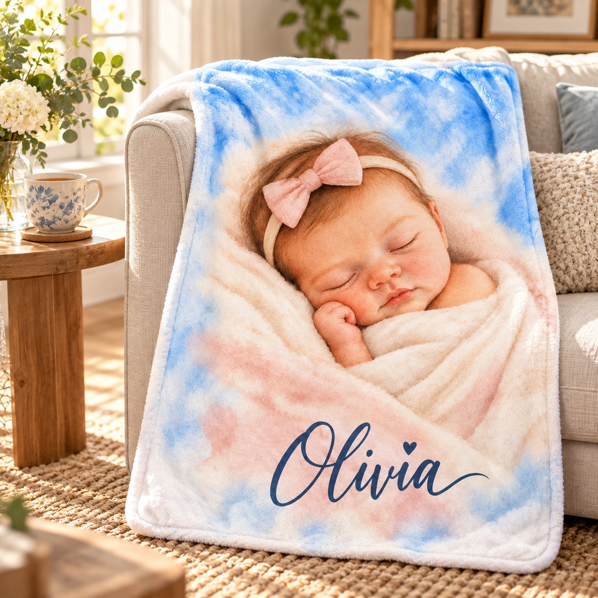 Custom Photo Watercolor Portrait Plush Fleece Blanket - New Baby Gift Personalized Blanket Gift — lifestyle