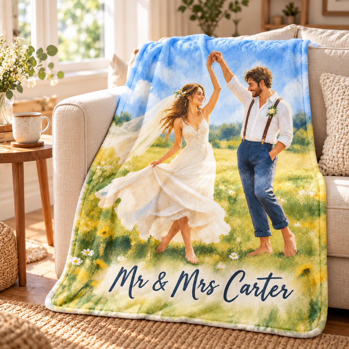 Custom Photo Watercolor Portrait Plush Fleece Blanket - Wedding Gift Personalized Blanket Gift — lifestyle