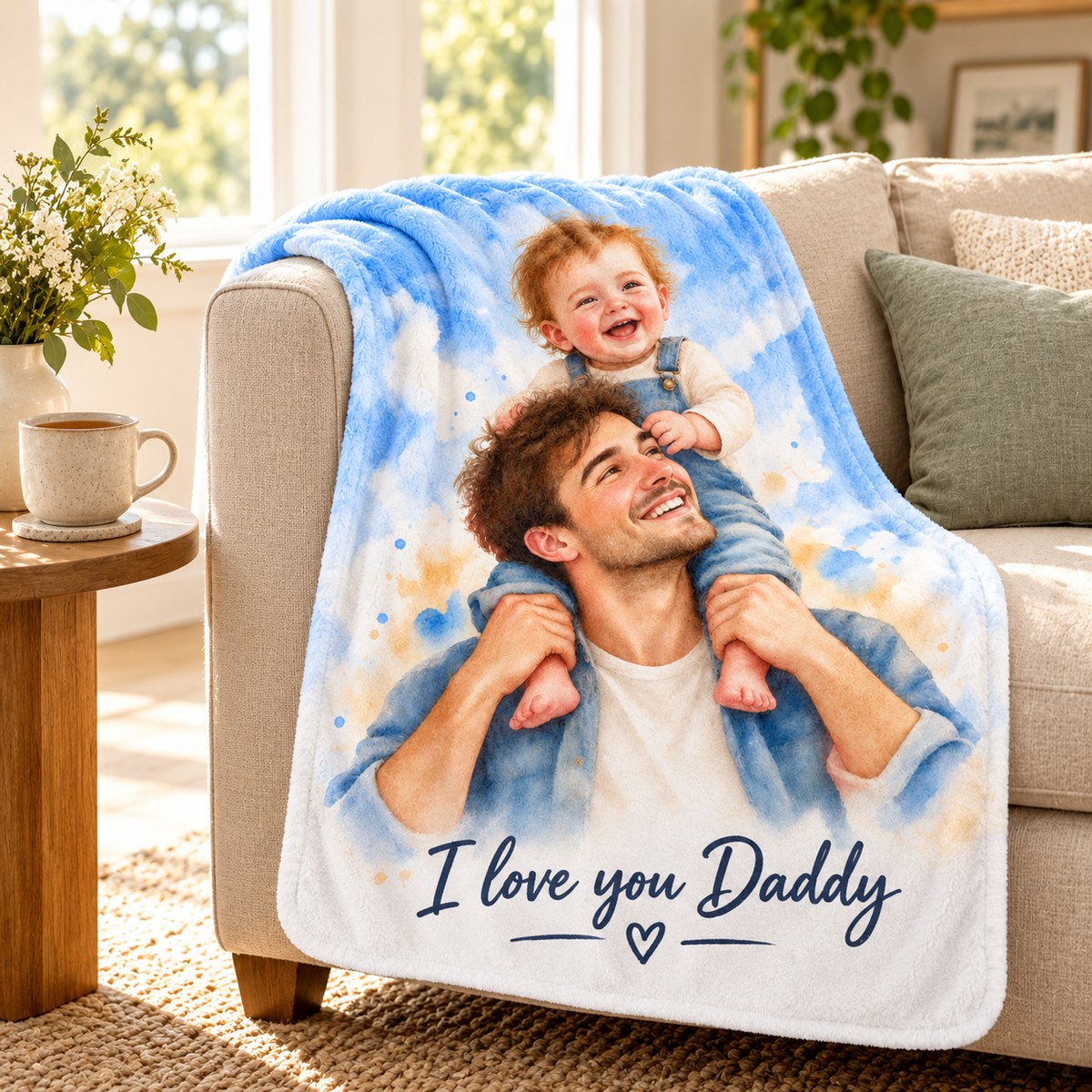 Custom Photo Watercolor Portrait Plush Fleece Blanket - Family Memory Personalized Blanket Gift — lifestyle