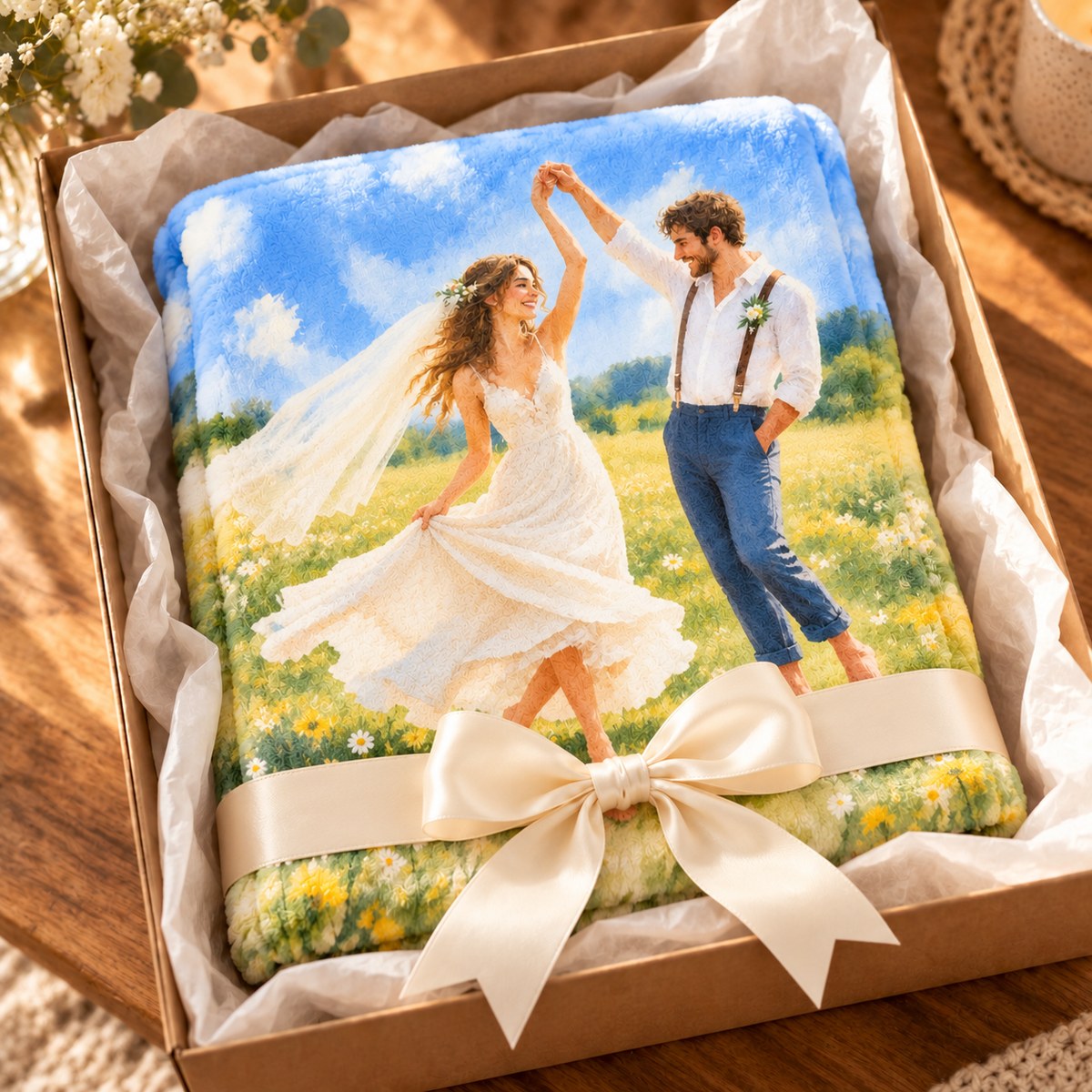 Custom Photo Watercolor Portrait Plush Fleece Blanket - Wedding Gift Personalized Blanket Gift — gift