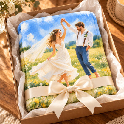 Custom Photo Watercolor Portrait Plush Fleece Blanket - Wedding Gift Personalized Blanket Gift — gift