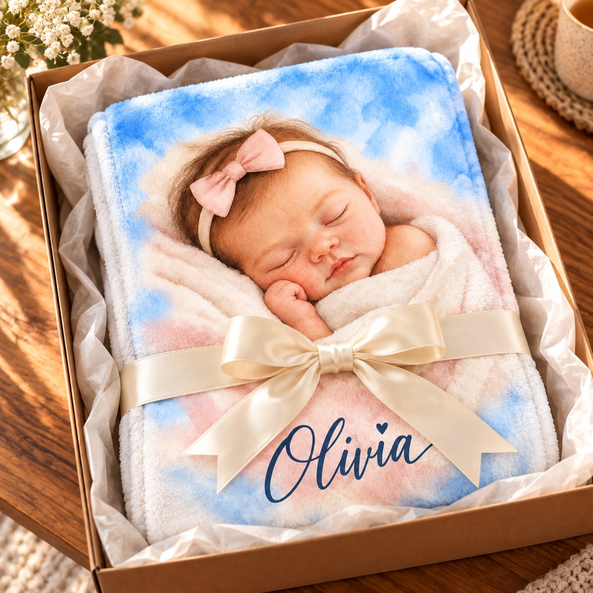 Custom Photo Watercolor Portrait Plush Fleece Blanket - New Baby Gift Personalized Blanket Gift — gift