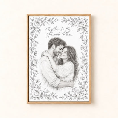 Personalized pencil sketch portrait framed canvas