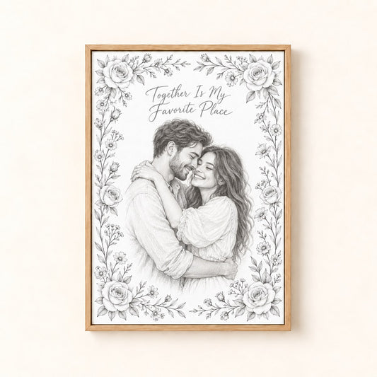 Personalized pencil sketch portrait framed canvas
