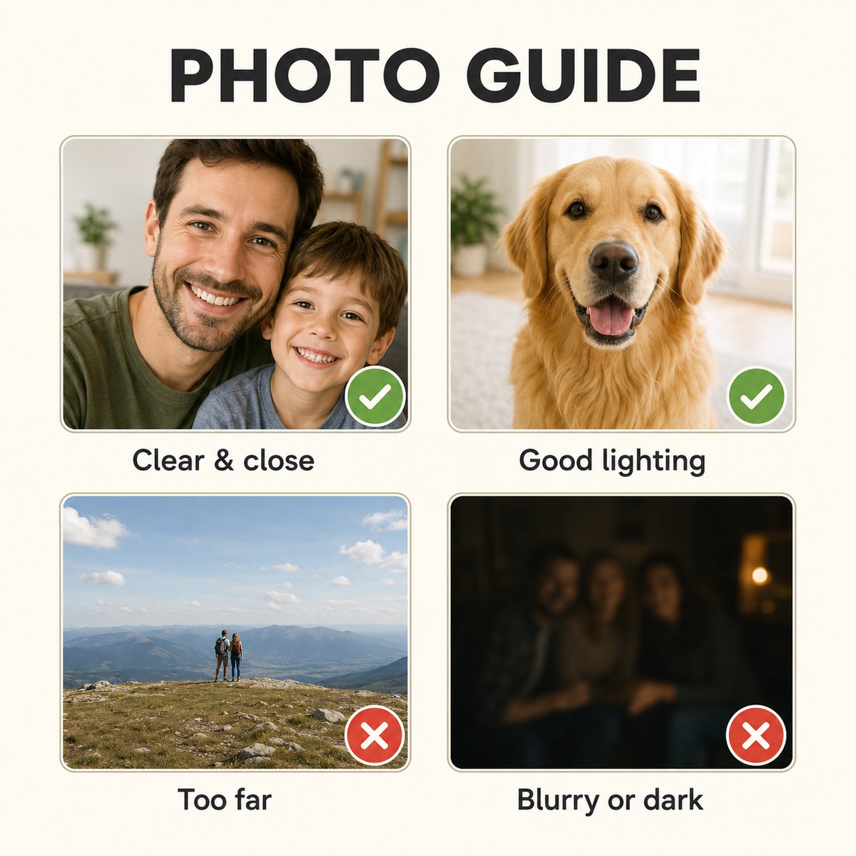 Photo guide: clear, close, well-lit photos work best