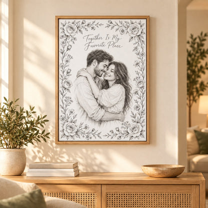 Pencil sketch framed canvas in a living room