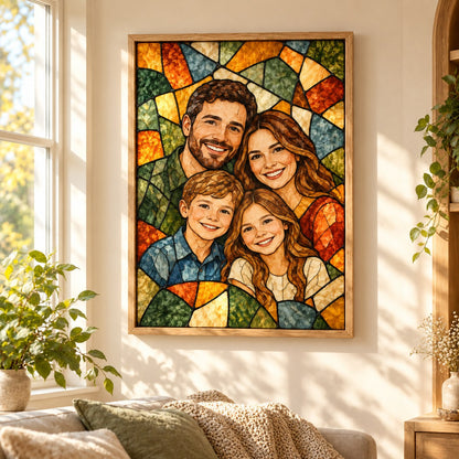 Stained glass framed canvas in a living room