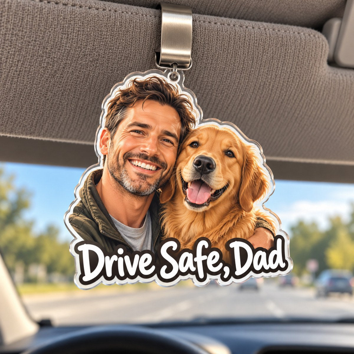 Custom Photo Drive Safe Dad & Dog Caricature - Personalized Acrylic Car Visor Clip — hero