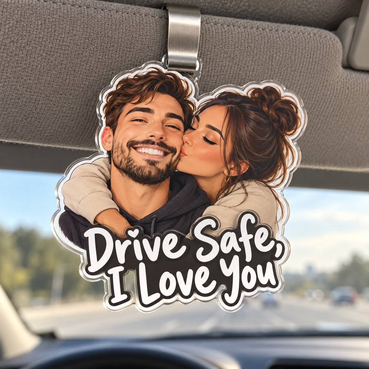 Custom Photo Drive Safe Caricature - Personalized Acrylic Car Visor Clip — hero