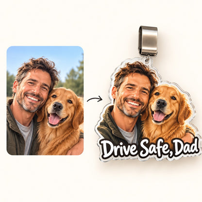 Custom Photo Drive Safe Dad & Dog Caricature - Personalized Acrylic Car Visor Clip — how it works