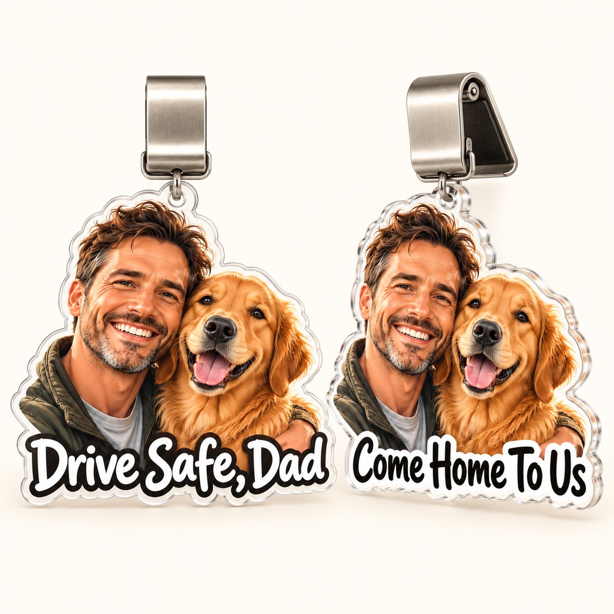 Custom Photo Drive Safe Dad & Dog Caricature - Personalized Acrylic Car Visor Clip — options