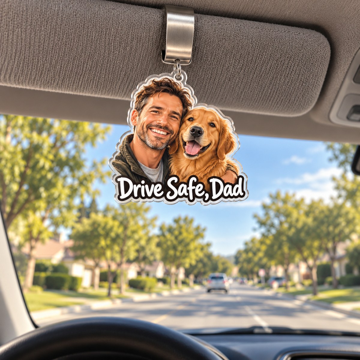 Custom Photo Drive Safe Dad & Dog Caricature - Personalized Acrylic Car Visor Clip — lifestyle