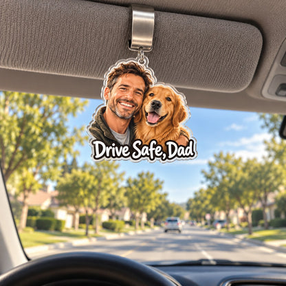 Custom Photo Drive Safe Dad & Dog Caricature - Personalized Acrylic Car Visor Clip — lifestyle