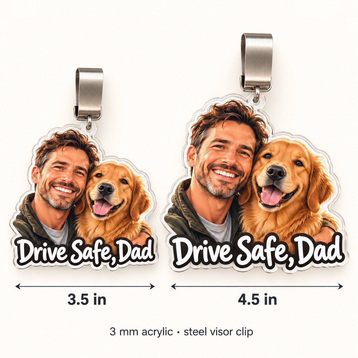 Custom Photo Drive Safe Dad & Dog Caricature - Personalized Acrylic Car Visor Clip — size