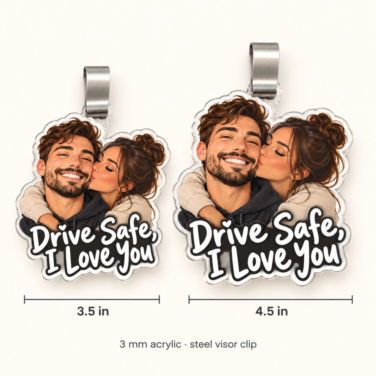 Custom Photo Drive Safe Caricature - Personalized Acrylic Car Visor Clip — size