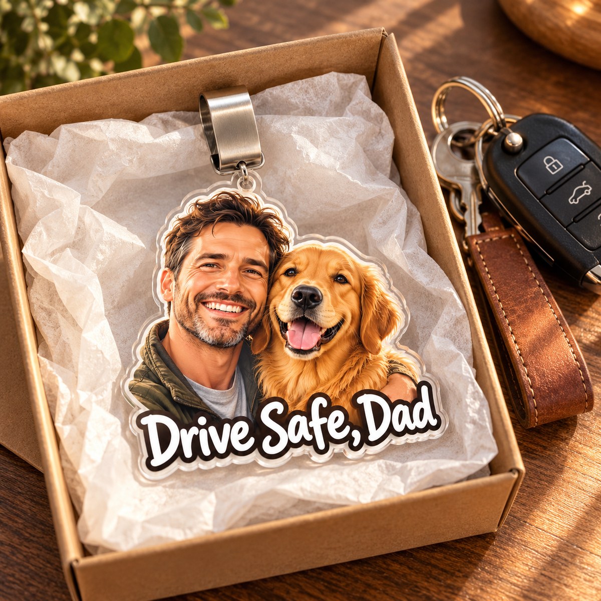 Custom Photo Drive Safe Dad & Dog Caricature - Personalized Acrylic Car Visor Clip — gift
