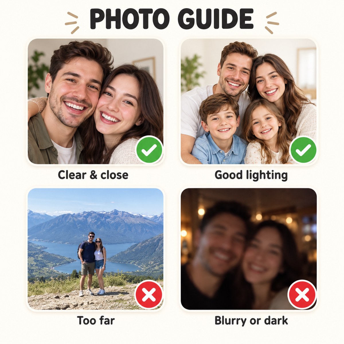 Photo guide: clear, close, well-lit photos work best
