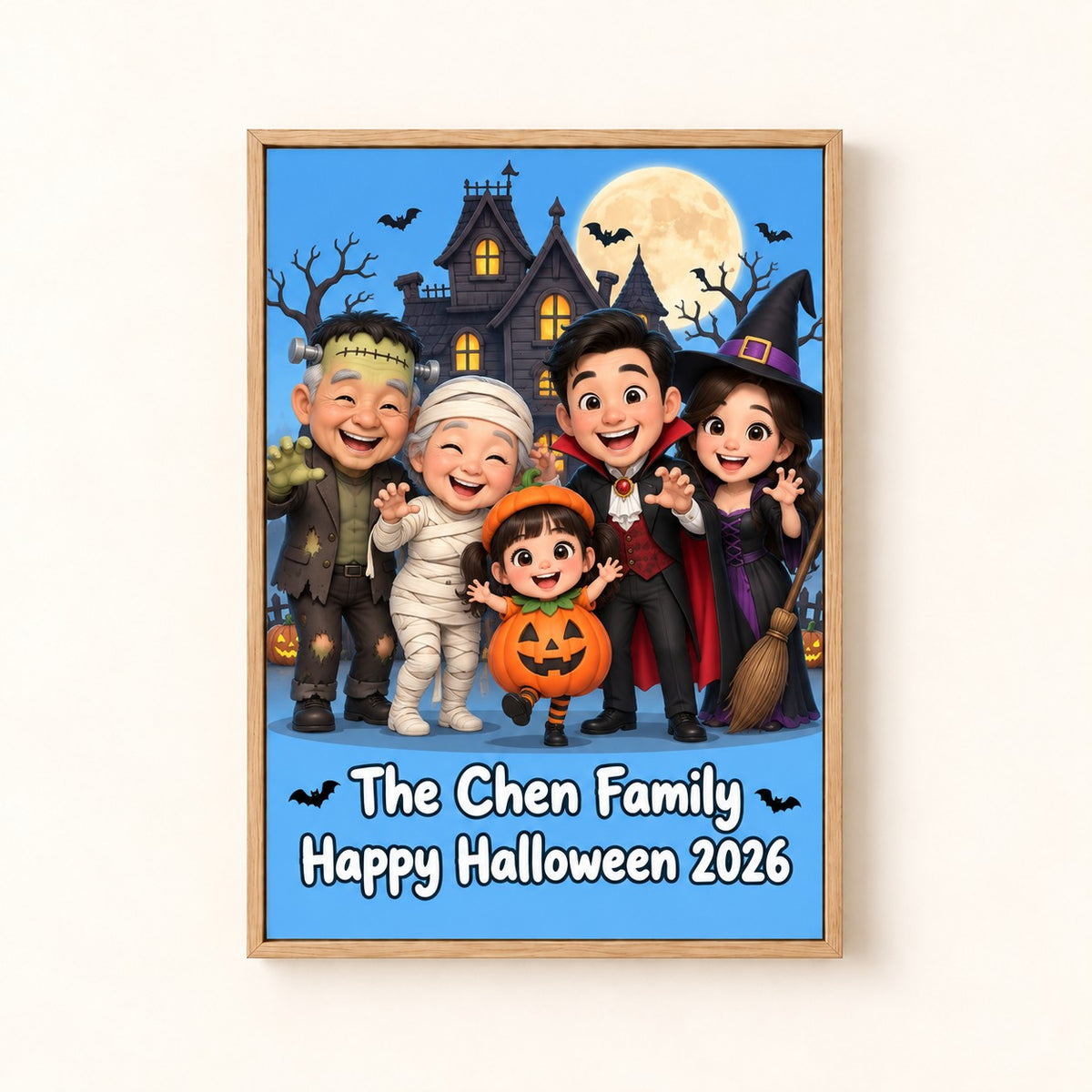 Halloween family caricature canvas, haunted house