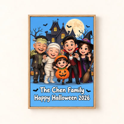 Halloween family caricature canvas, haunted house