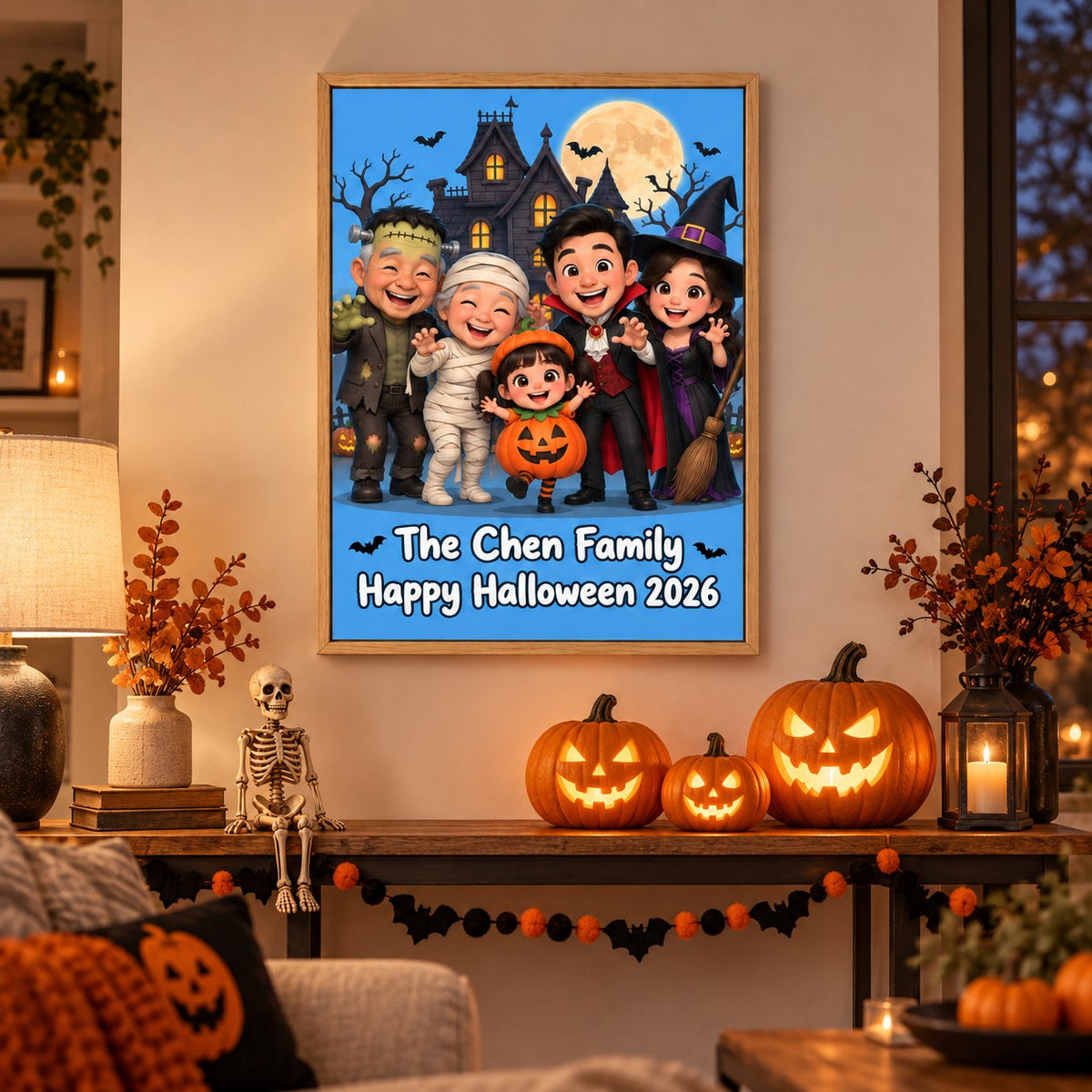Halloween caricature canvas above a decorated console table