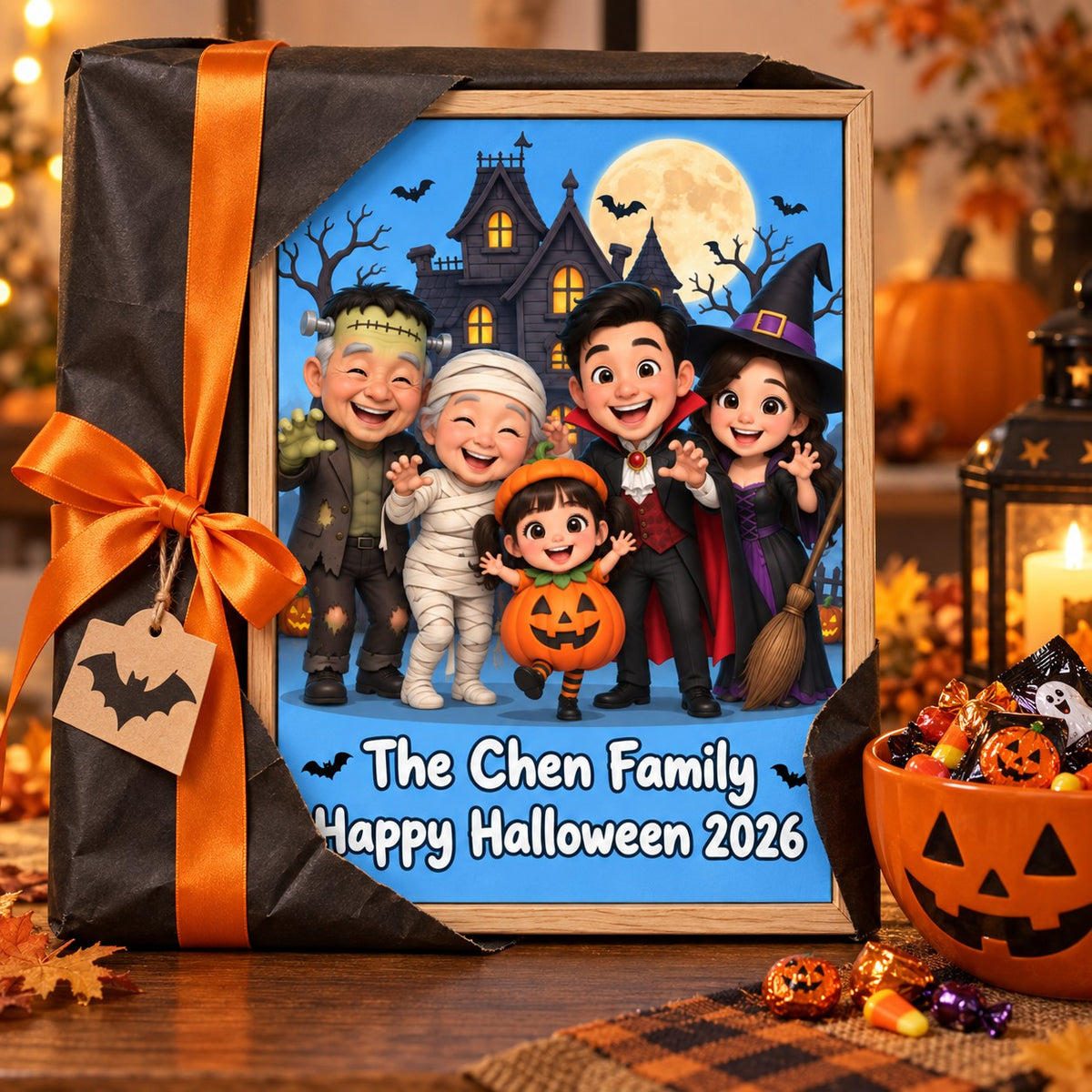 Halloween caricature canvas wrapped as a gift